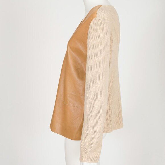 Gianfranco Ferré 1990s Vintage Beige Leather & Knit V-Neck Sweater Top - Picture 3 of 9